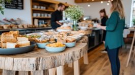 A spread of food is displayed on a rustic wooden table. Breads, sandwiches, and other dishes are arranged artfully.  The scene is bathed in natural light, creating a warm, inviting atmosphere. In the background, people are visible, giving a sense of activity and a food service. The overall composition is well-balanced, with the food as the clear focal point. This image could be used for culinary blogs, menus, or promotional materials for restaurants.