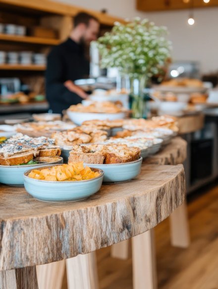 A spread of food is displayed on a rustic wooden table. Breads, sandwiches, and other dishes are arranged artfully.  The scene is bathed in natural light, creating a warm, inviting atmosphere. In the background, people are visible, giving a sense of activity and a food service. The overall composition is well-balanced, with the food as the clear focal point. This image could be used for culinary blogs, menus, or promotional materials for restaurants.