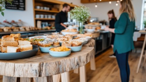 A spread of food is displayed on a rustic wooden table. Breads, sandwiches, and other dishes are arranged artfully.  The scene is bathed in natural light, creating a warm, inviting atmosphere. In the background, people are visible, giving a sense of activity and a food service. The overall composition is well-balanced, with the food as the clear focal point. This image could be used for culinary blogs, menus, or promotional materials for restaurants.