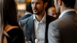 Smartly dressed business executives and industry leaders conversing confidently at an upscale corporate function the scene brimming with a polished refined aesthetic and a sophisticated