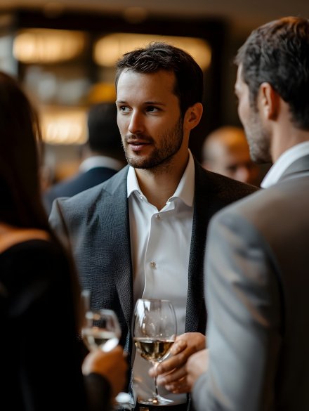 Smartly dressed business executives and industry leaders conversing confidently at an upscale corporate function the scene brimming with a polished refined aesthetic and a sophisticated