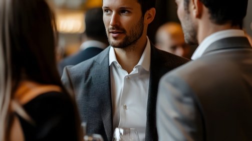 Smartly dressed business executives and industry leaders conversing confidently at an upscale corporate function the scene brimming with a polished refined aesthetic and a sophisticated